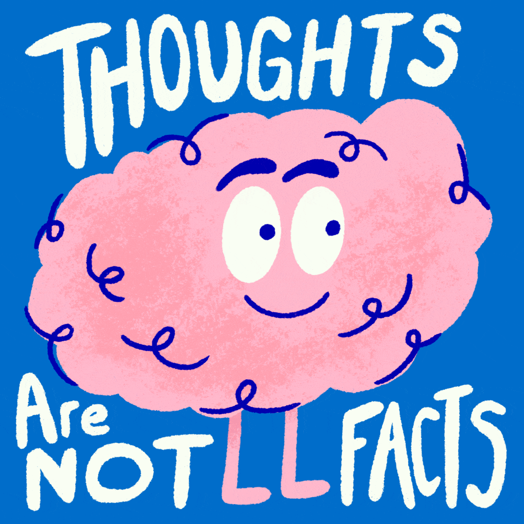 Illustration of a smiling brain with the words ‘thoughts are not facts’